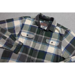 Orvis Flannel Mens Large Green Blue Plaid Button Up Long Sleeve Outdoor Pockets